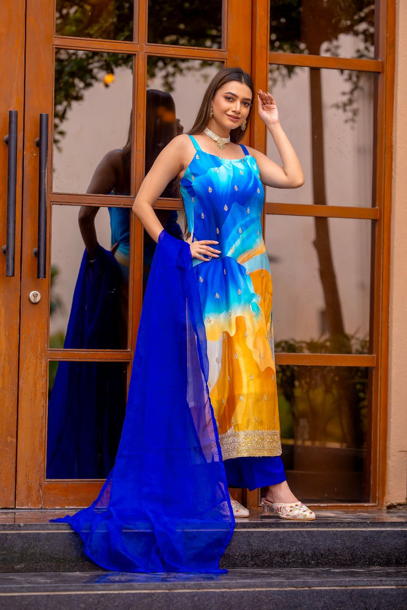 Vibrant Blue Chinon Kurta Set with Palazzo