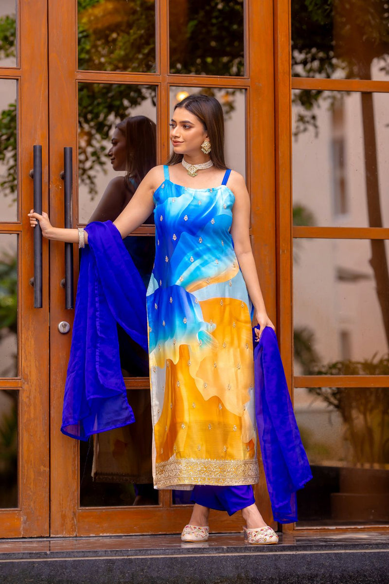 Vibrant Blue Chinon Kurta Set with Palazzo