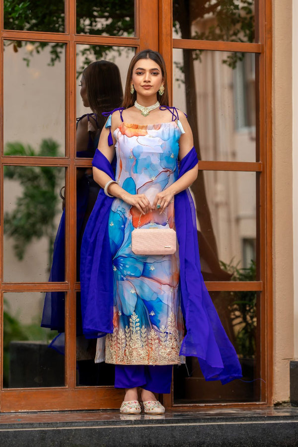 Exquisite Chinon Kurta Set with Palazzo and Dupatta