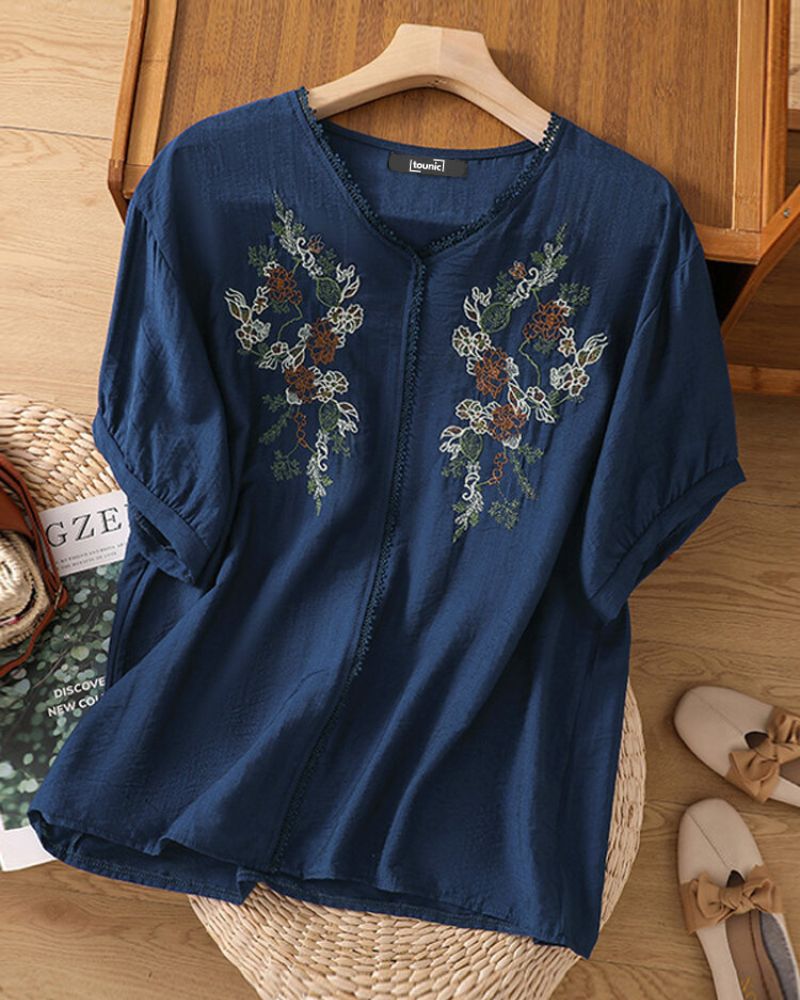 Indigo Blossom Top - Elegant Embroidered Navy Blue Blouse