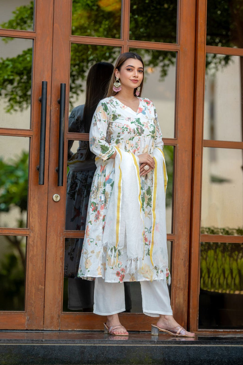 Prakriti Floral Kurta with White Chanderi Dupatta